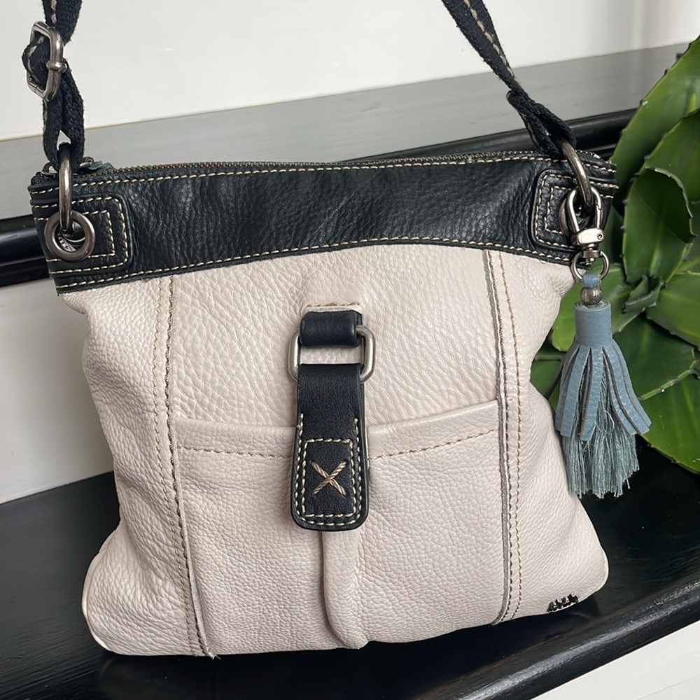 The Sak Two-Tone Cream and Black Leather Crossbody with Tassel